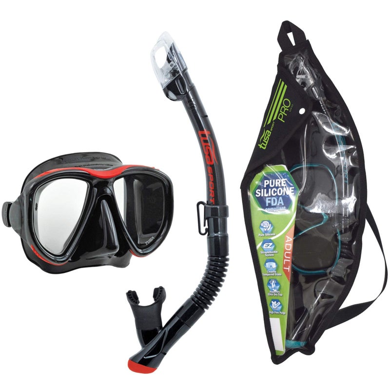 TUSA Sport Adult Powerview Mask and Dry Snorkel Combo, Black/Red (w/Reusable Bag),UC-2425P-BKR - Image 1